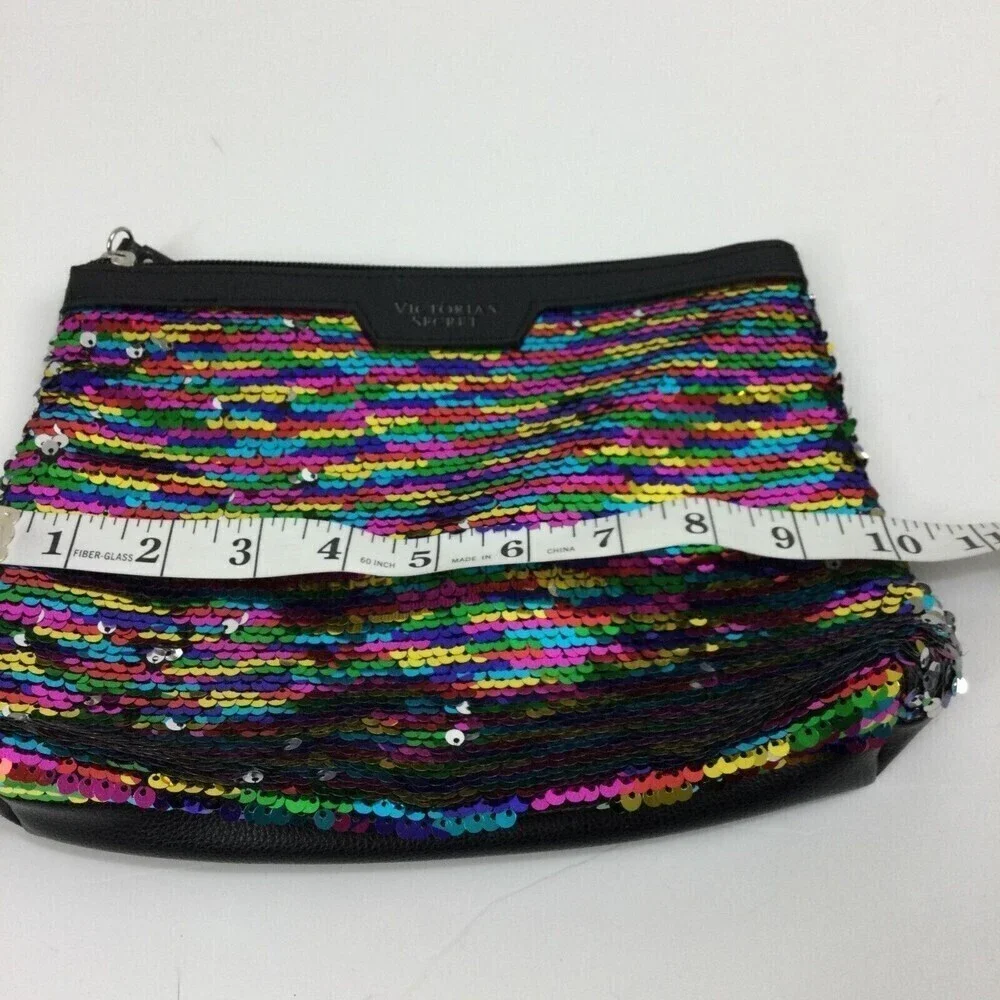 Victoria's Secret Black Silver Rainbow Sequin Makeup Cosmetic Bag Pouch Wristlet